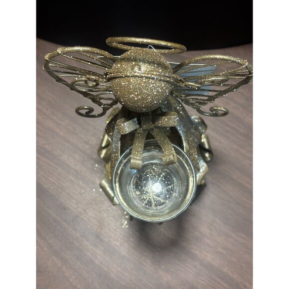 Cracker Barrel Gold Glitter Angel Tealight Candle Holder With Glass Cup - Picture 6 of 11